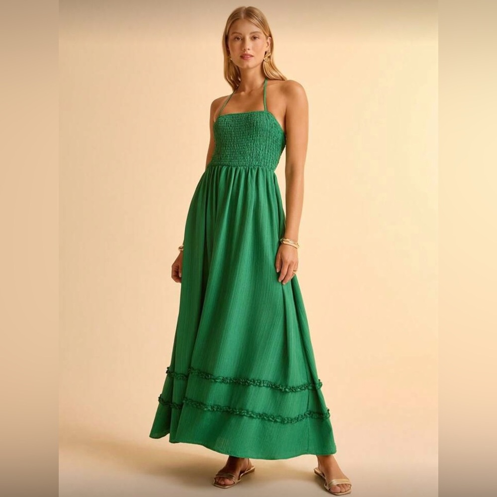Elegant Green lace-up back Maxi Dress